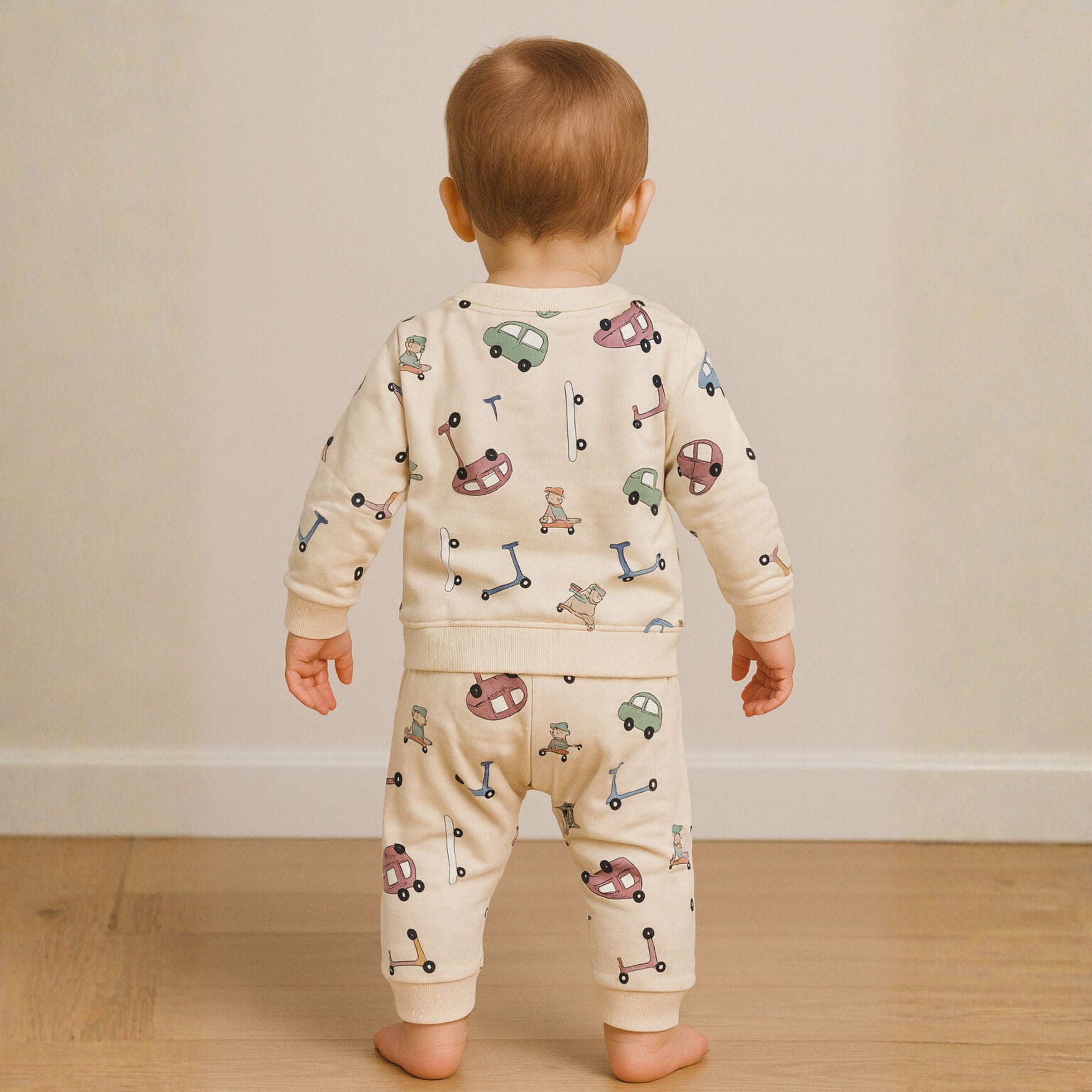 Ollypop “WHEELS” Cotton Sweatshirt & Jogger Set for Baby Boys (3M–3Y) | Fun Car & Scooter Print | Available in Pink Tint, Blue & Cream
