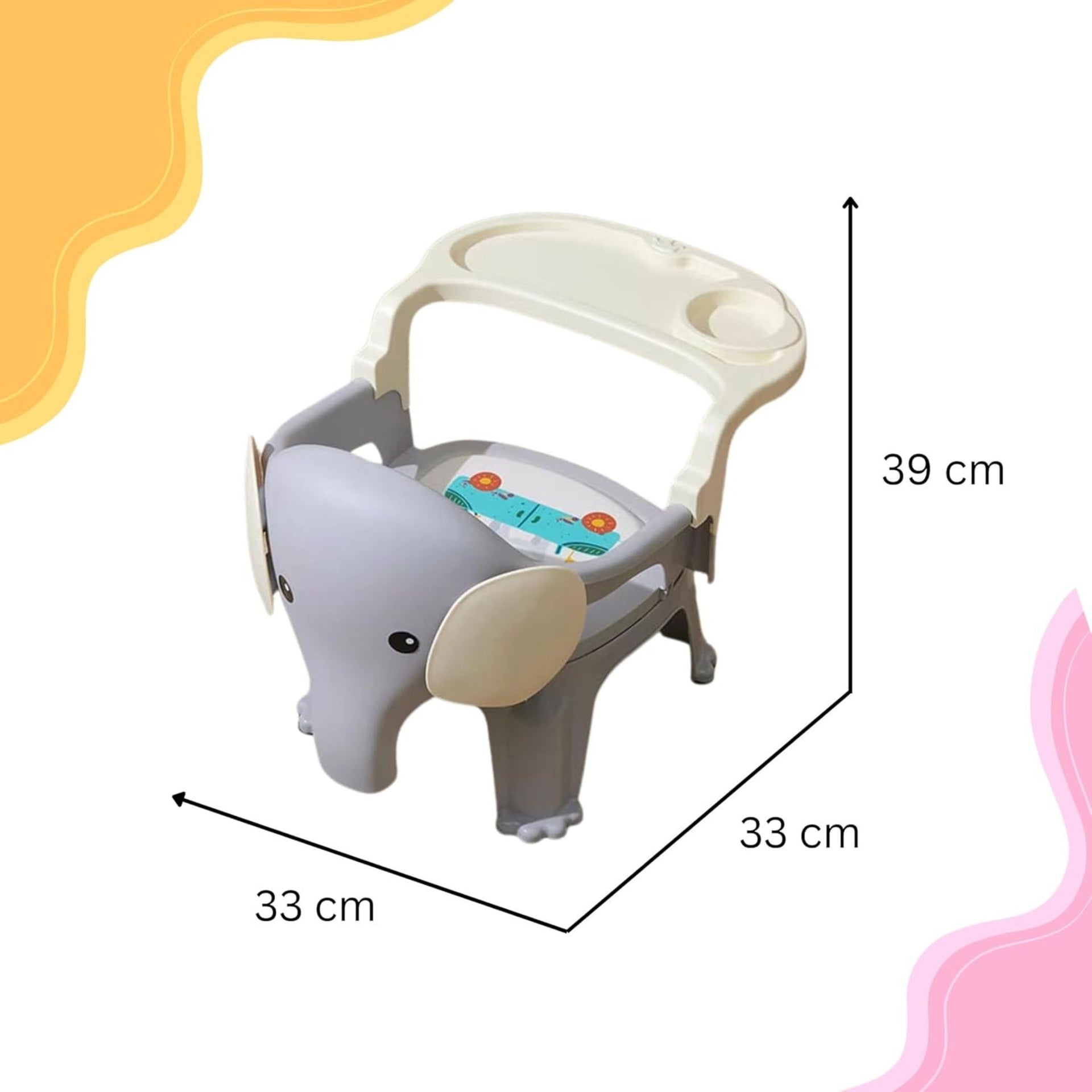 Smile Baby , Baby Chair For Kids Study Table Chair With Cushion Seat ,Removable Food Tray & High Backrest ,Booster Seat For Baby ,Home School Kids Chair For Toddlers, Grey , Pink , Green color elephant design