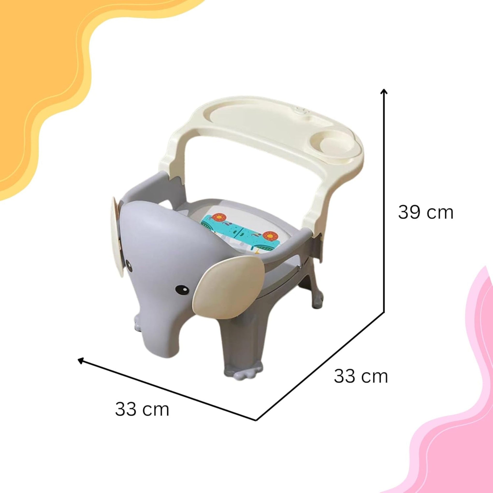 Smile Baby , Baby Chair For Kids Study Table Chair With Cushion Seat ,Removable Food Tray & High Backrest ,Booster Seat For Baby ,Home School Kids Chair For Toddlers, Grey , Pink , Green color elephant design
