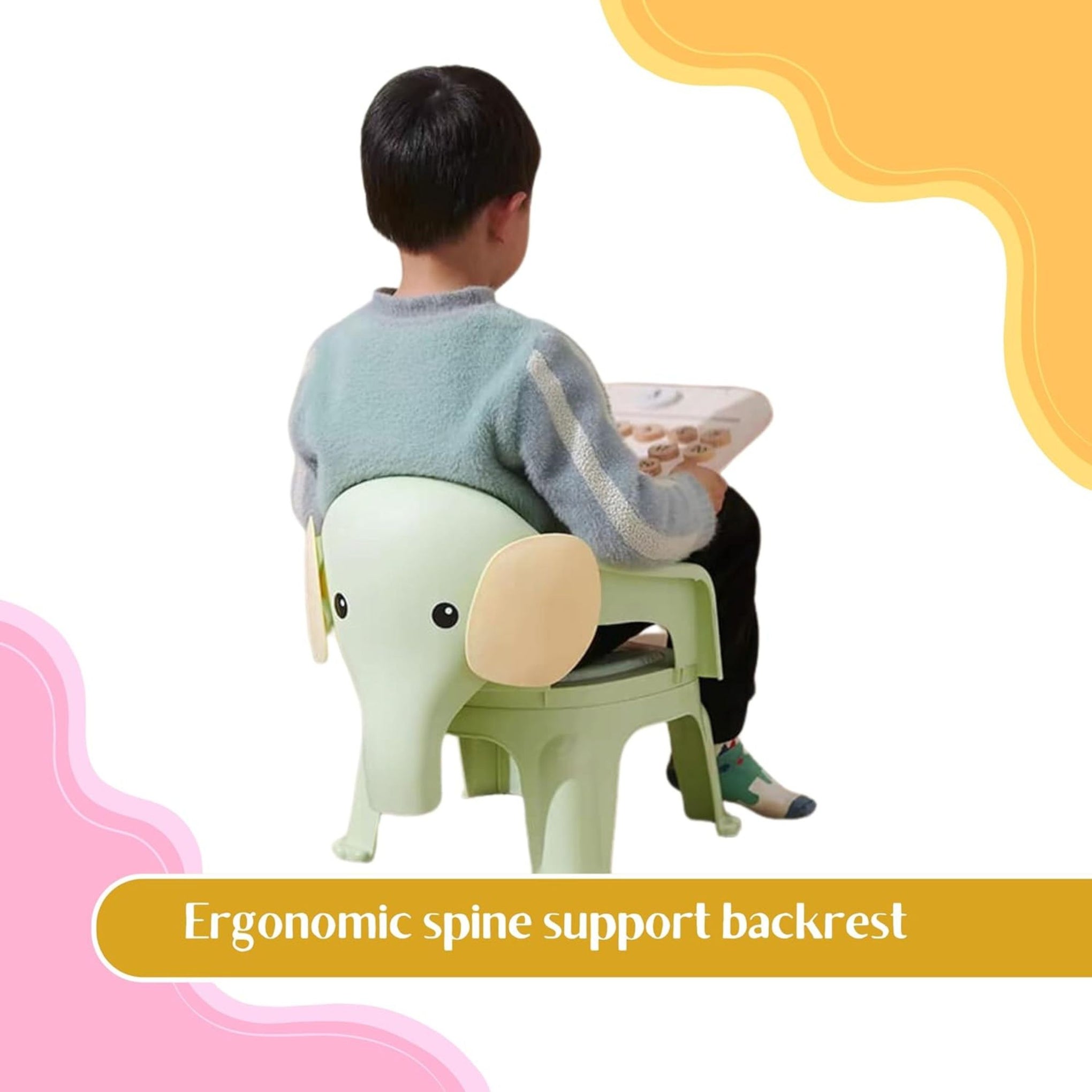Smile Baby , Baby Chair For Kids Study Table Chair With Cushion Seat ,Removable Food Tray & High Backrest ,Booster Seat For Baby ,Home School Kids Chair For Toddlers, Grey , Pink , Green color elephant design