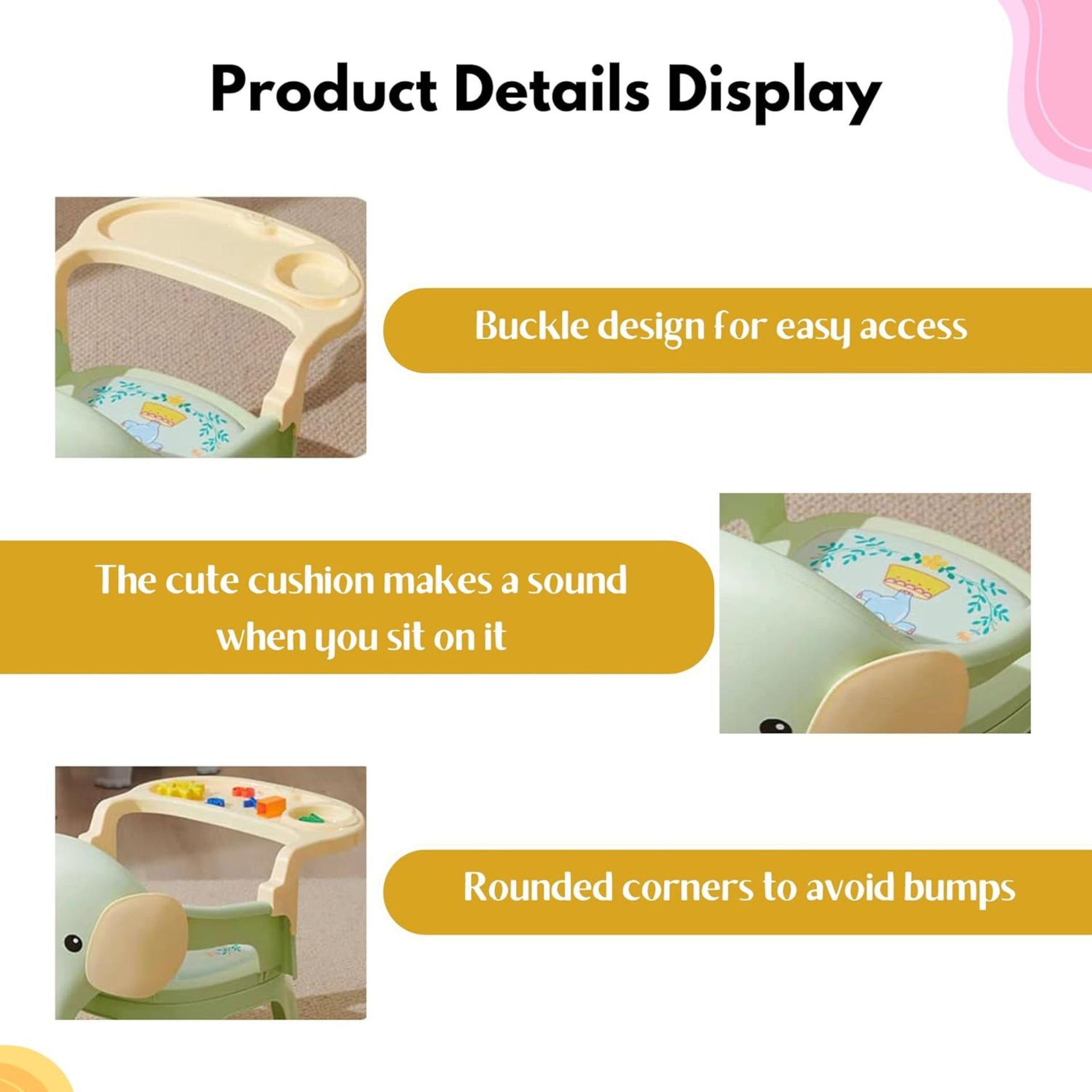 Smile Baby , Baby Chair For Kids Study Table Chair With Cushion Seat ,Removable Food Tray & High Backrest ,Booster Seat For Baby ,Home School Kids Chair For Toddlers, Grey , Pink , Green color elephant design
