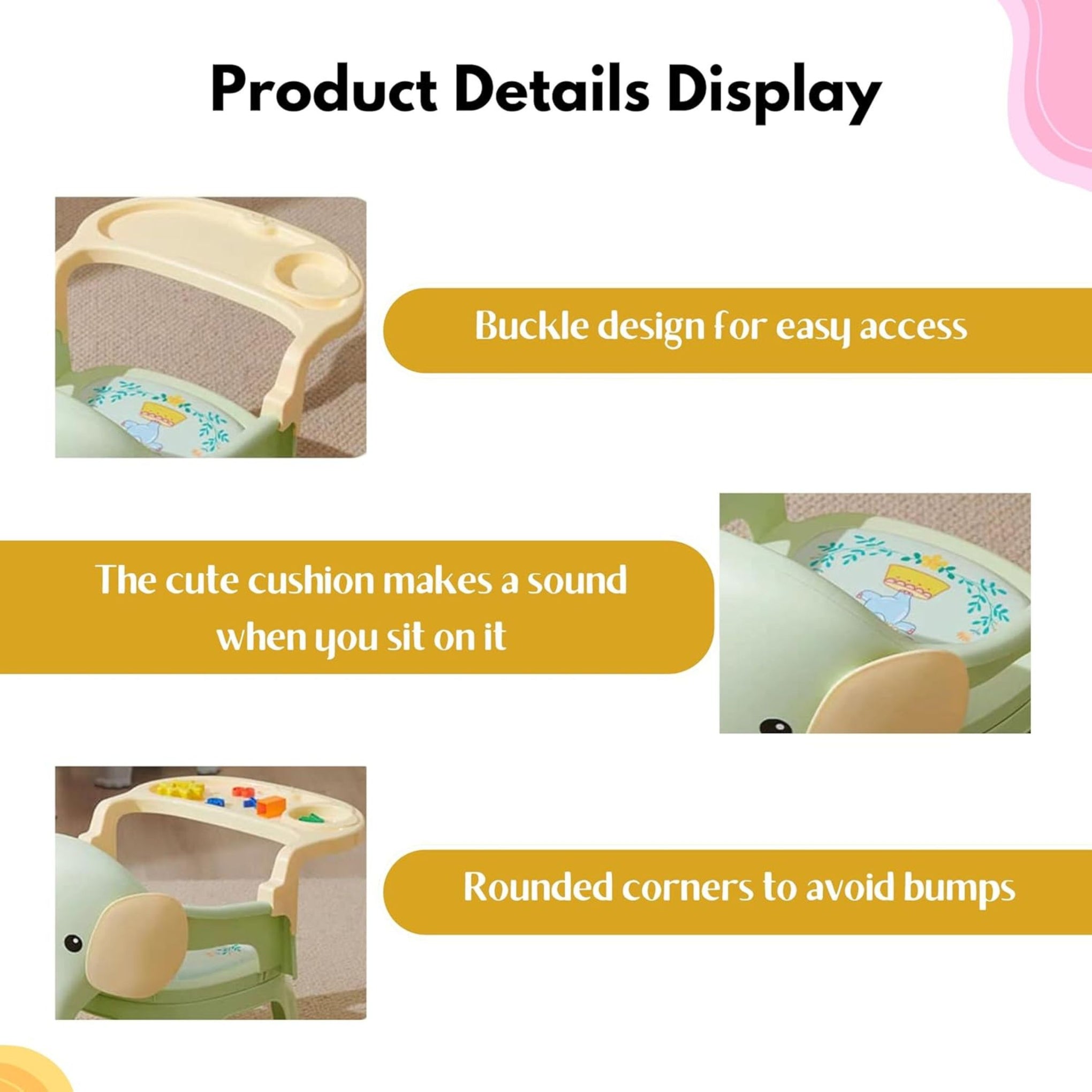Smile Baby , Baby Chair For Kids Study Table Chair With Cushion Seat ,Removable Food Tray & High Backrest ,Booster Seat For Baby ,Home School Kids Chair For Toddlers, Grey , Pink , Green color elephant design