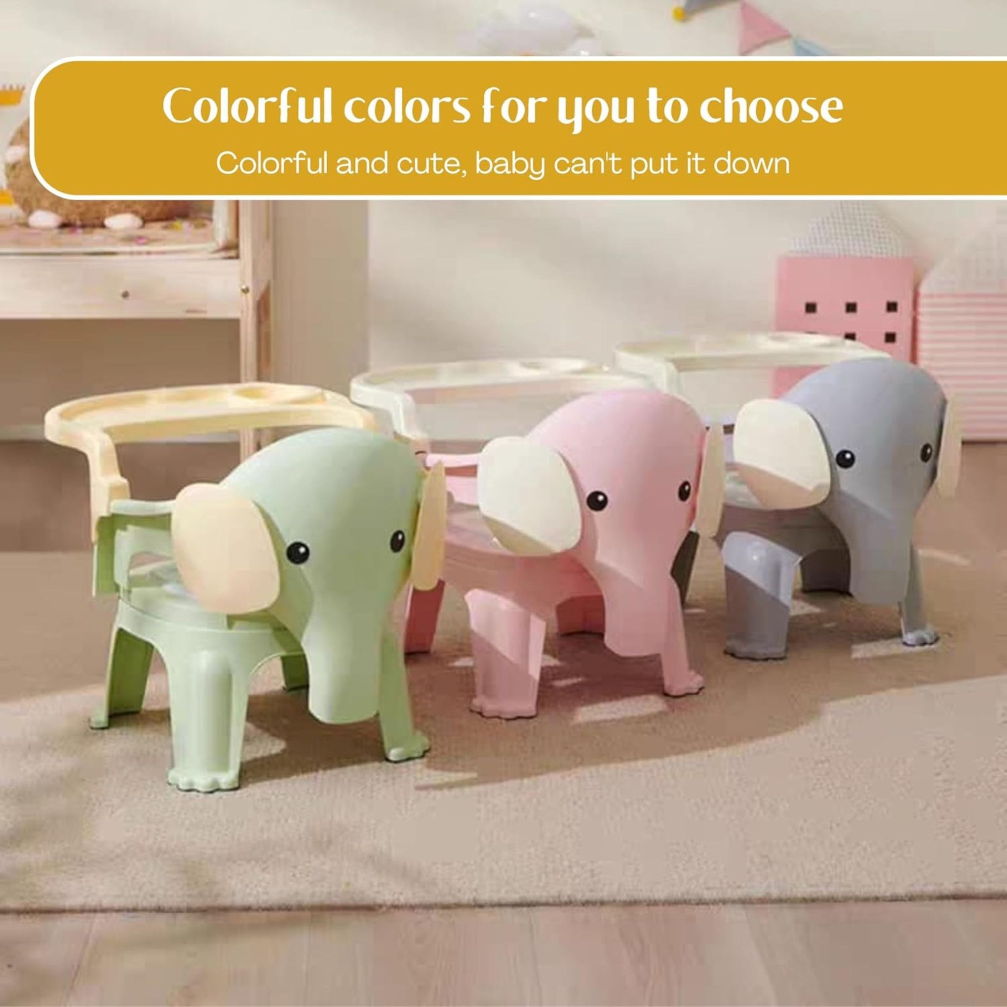 Smile Baby , Baby Chair For Kids Study Table Chair With Cushion Seat ,Removable Food Tray & High Backrest ,Booster Seat For Baby ,Home School Kids Chair For Toddlers, Grey , Pink , Green color elephant design