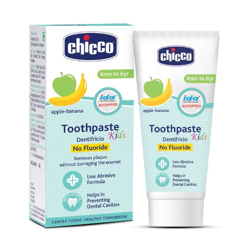 Chicco Toothpaste for Kids (6m-6y), Apple-Banana Flavour, 50g | Fluoride-Free | Removes Plaque, Helps Prevent Cavities