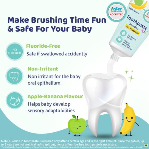 Chicco Toothpaste for Kids (6m-6y), Apple-Banana Flavour, 50g | Fluoride-Free | Removes Plaque, Helps Prevent Cavities