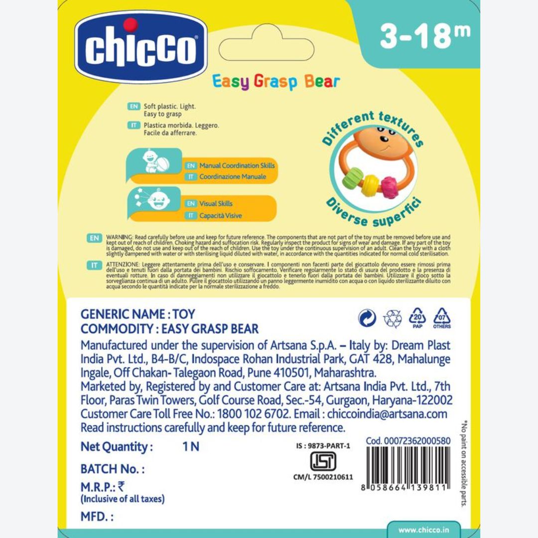 Chicco Easy Grasp Bear Toy | Multi-Color, Soft Teething & Gripping Toy for Babies | 3 to 18 months