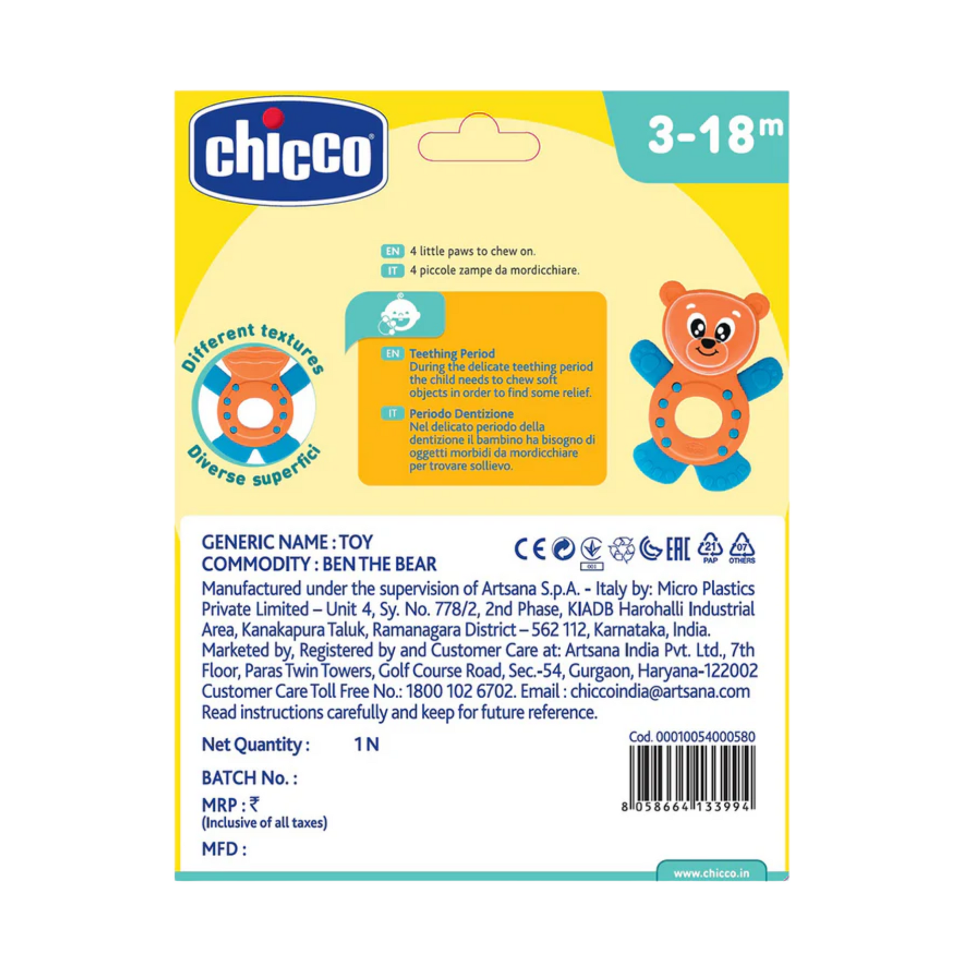 Chicco Ben The Bear Rattle Teether-Multi Textured & Easy to Grasp 3 to 18 Months.