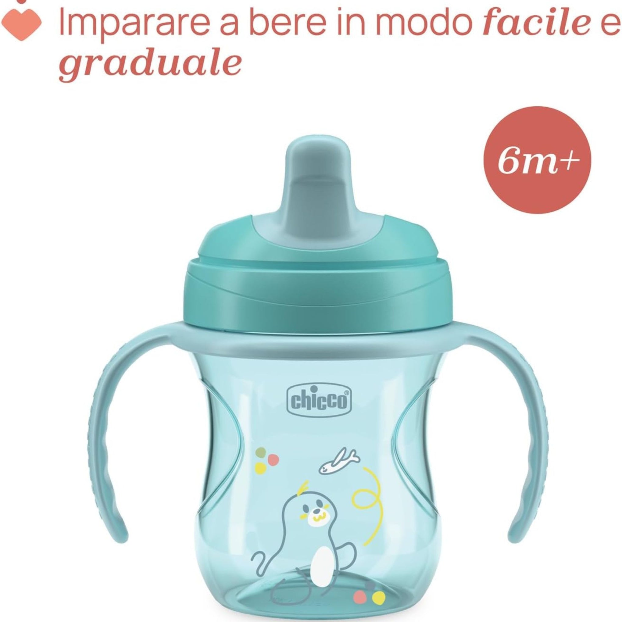 Chicco Training Cup, Plastic, A Non-Spill Children's Cup, A Cup for Learning to Drink, Semi-Soft Ergonomic Spout, Removable Valve and Handles, 6 Months+, BPA Free, Blue