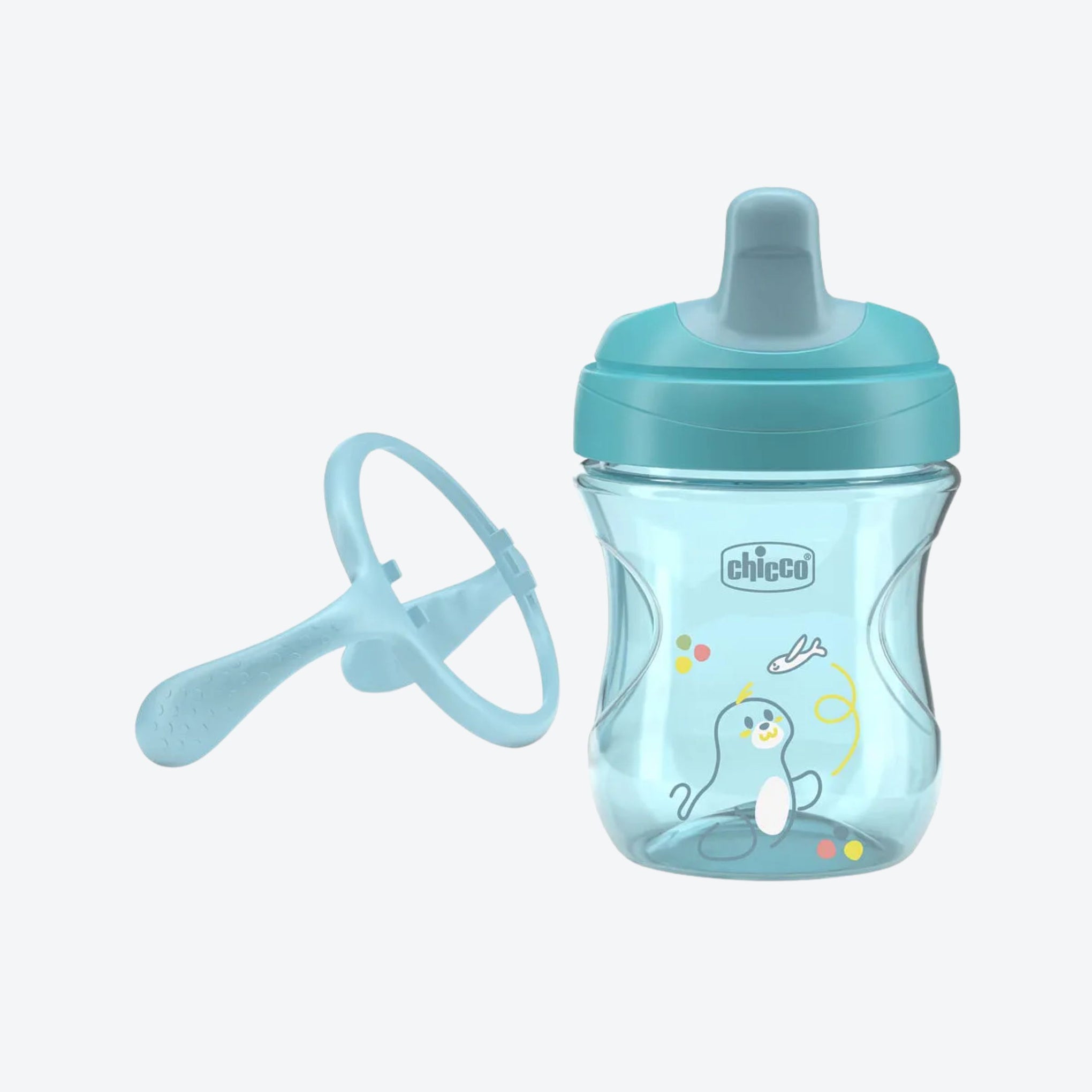 Chicco Training Cup, Plastic, A Non-Spill Children's Cup, A Cup for Learning to Drink, Semi-Soft Ergonomic Spout, Removable Valve and Handles, 6 Months+, BPA Free, Blue