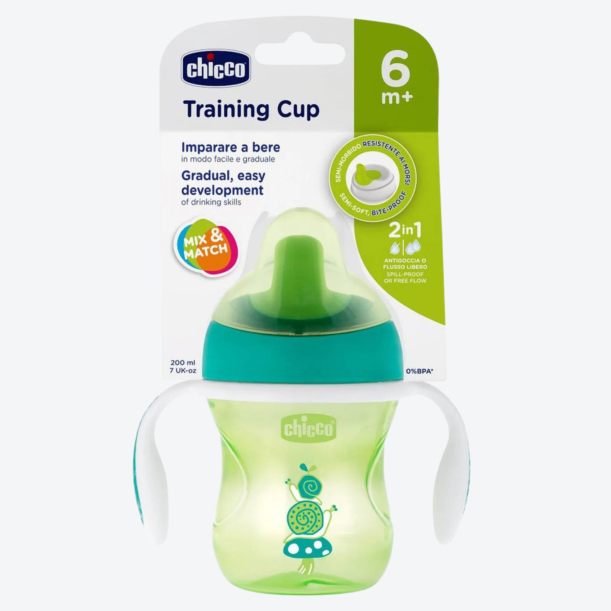 Chicco Training Cup Spout Sipper-With Semi Soft Silicone Spout-Spill Proof-Assorted (Green/Orange)-200 ml