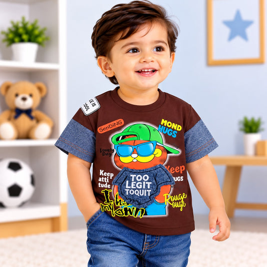 COOLEST boys brown graphic print T-shirt with colourful front artwork and denim-look sleeves