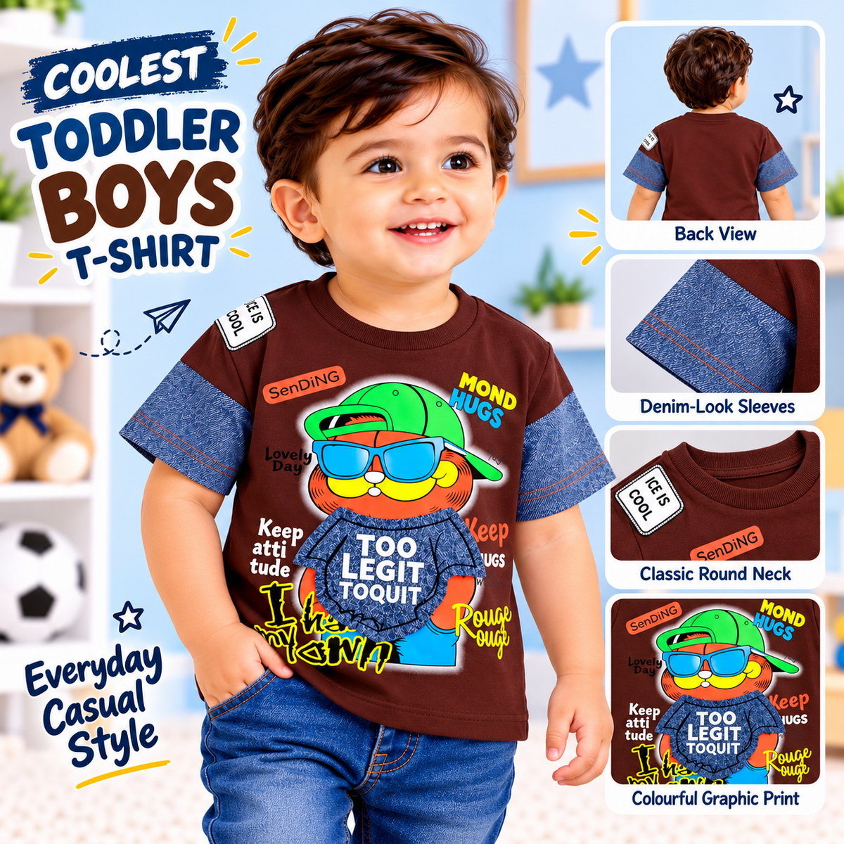 COOLEST boys brown graphic print T-shirt infographic showing back view, neckline, sleeve details and front print