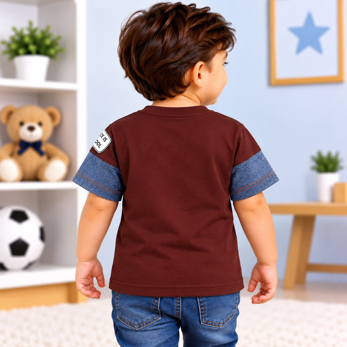 Back view of COOLEST brown boys T-shirt showing plain back panel and contrasting blue denim-look sleeves