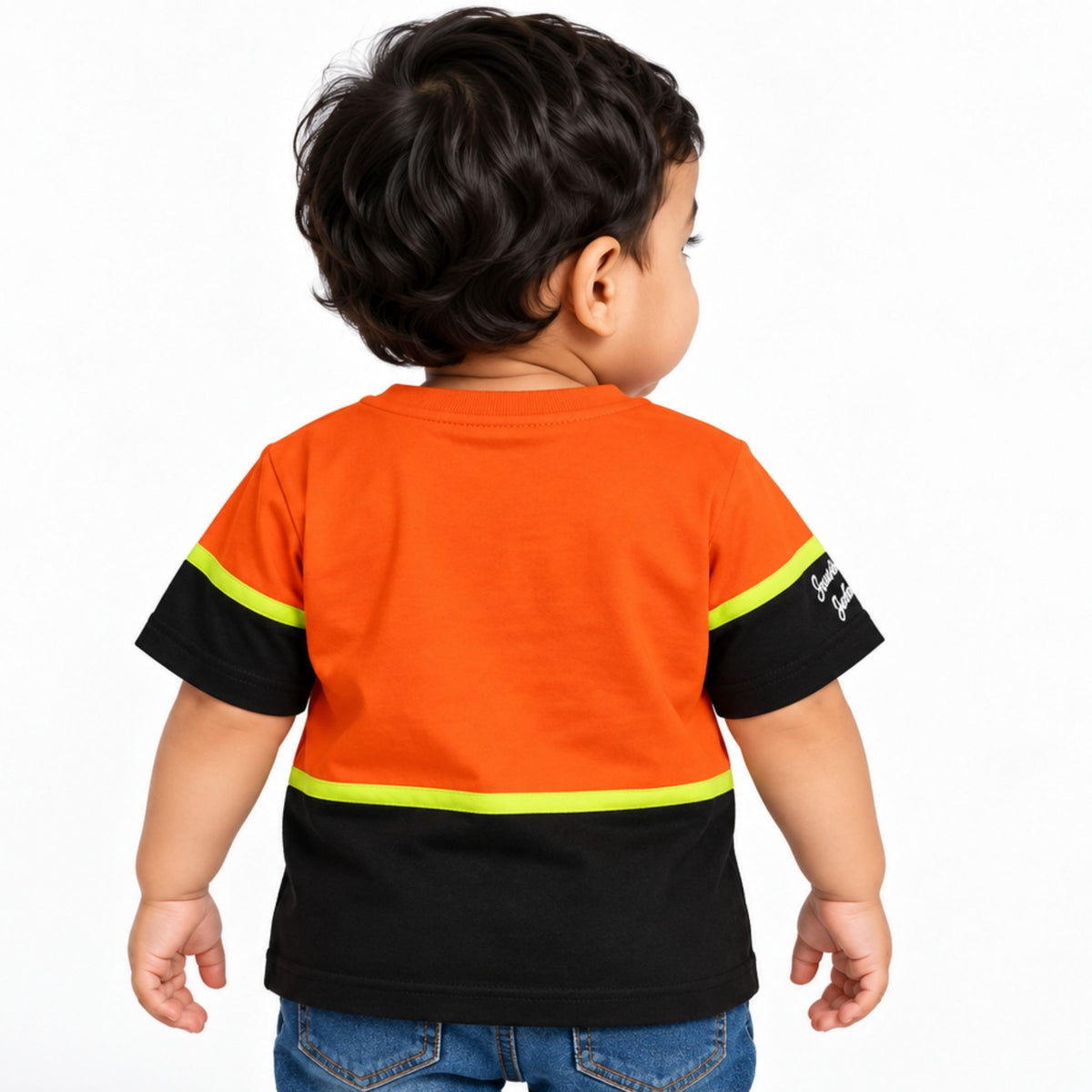 COOLEST boys graphic T-shirt product infographic with colour-block design and care details