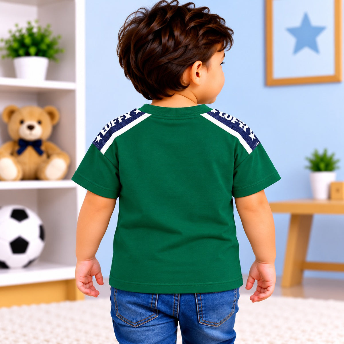 Back view of COOLEST dark green boys T-shirt with navy and white shoulder stripe panels