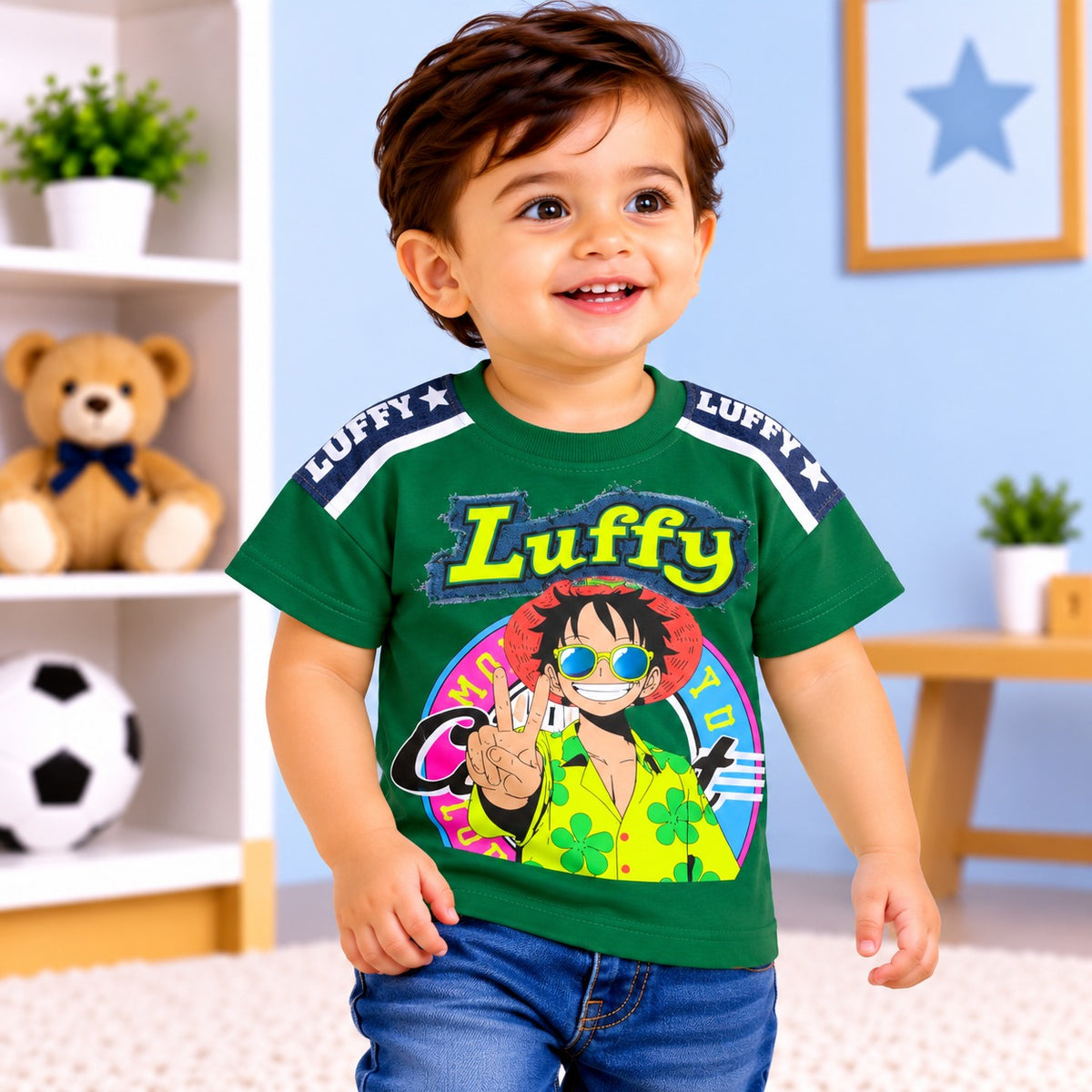 COOLEST boys dark green Luffy graphic T-shirt with navy shoulder panels for ages 4 to 12 years