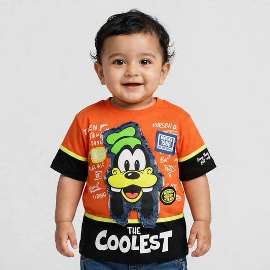 Back view of COOLEST boys orange T-shirt with black colour-block hem and neon green trim