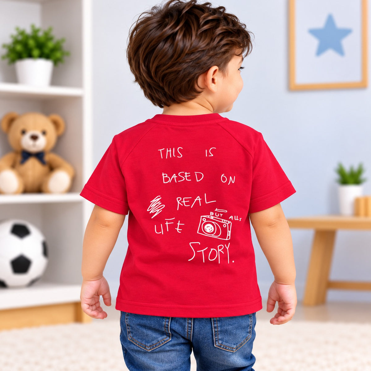 Back view of COOLEST boys red graphic T-shirt with white story and camera print