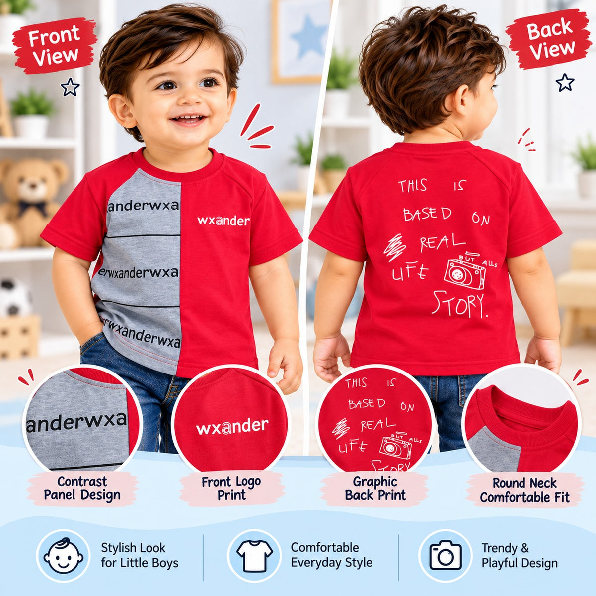 COOLEST boys red graphic T-shirt front and back views with grey contrast panel and white graphic print
