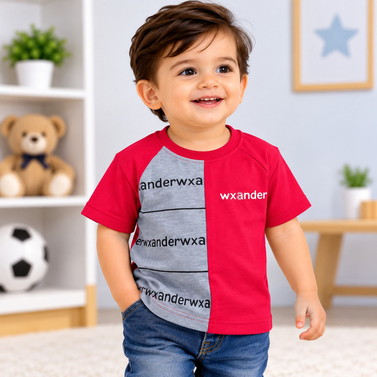 Front view of COOLEST boys red T-shirt with grey contrast panel and graphic lettering