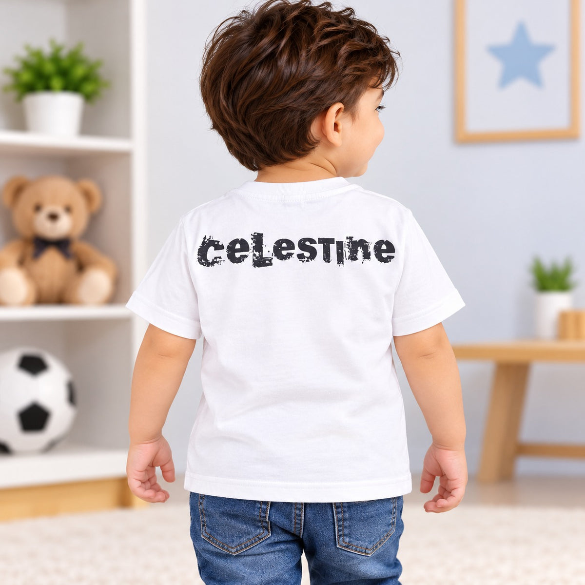 Back view of COOLEST boys white graphic T-shirt with black lettering