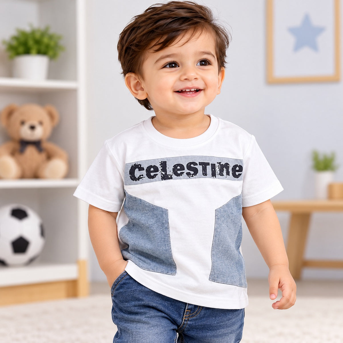 Front view of COOLEST boys white graphic T-shirt with blue denim-style panels