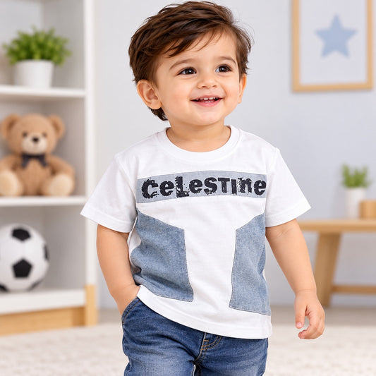 Front view of COOLEST boys white graphic T-shirt with blue denim-style panels