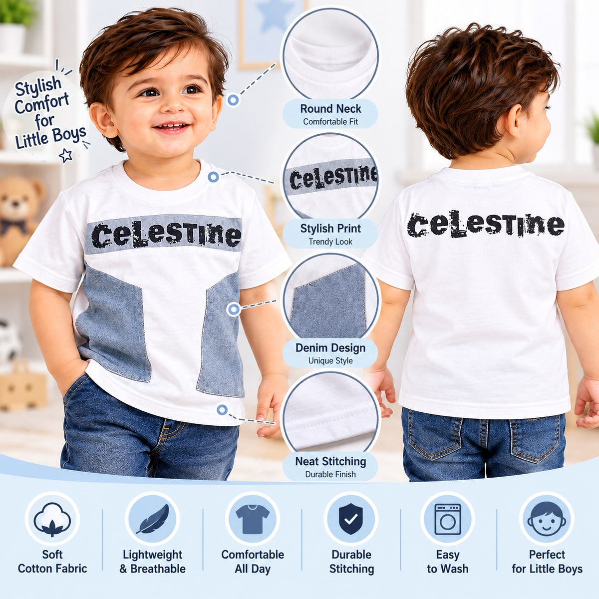 COOLEST boys white graphic T-shirt with denim-style panels, round neck and black lettering details