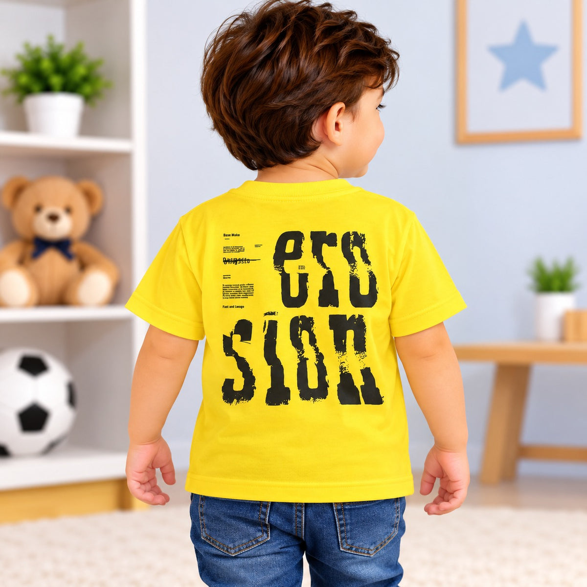 Back view of COOLEST boys yellow graphic T-shirt with bold black distressed print