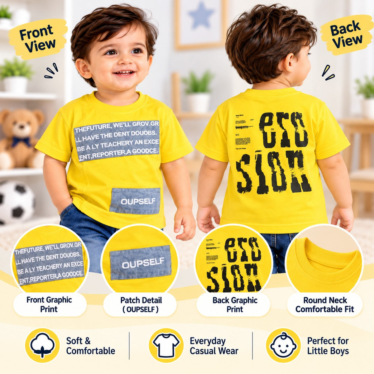 COOLEST boys yellow graphic T-shirt front and back views with grey patch details and black back print