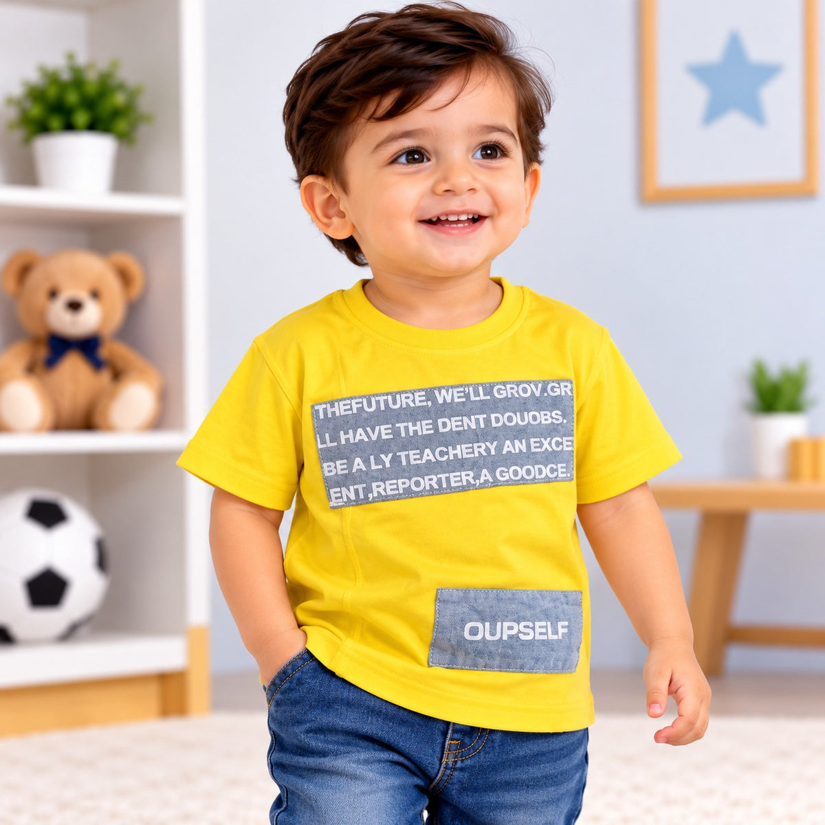 Front view of COOLEST boys yellow T-shirt with grey text panel and OUPSELF patch