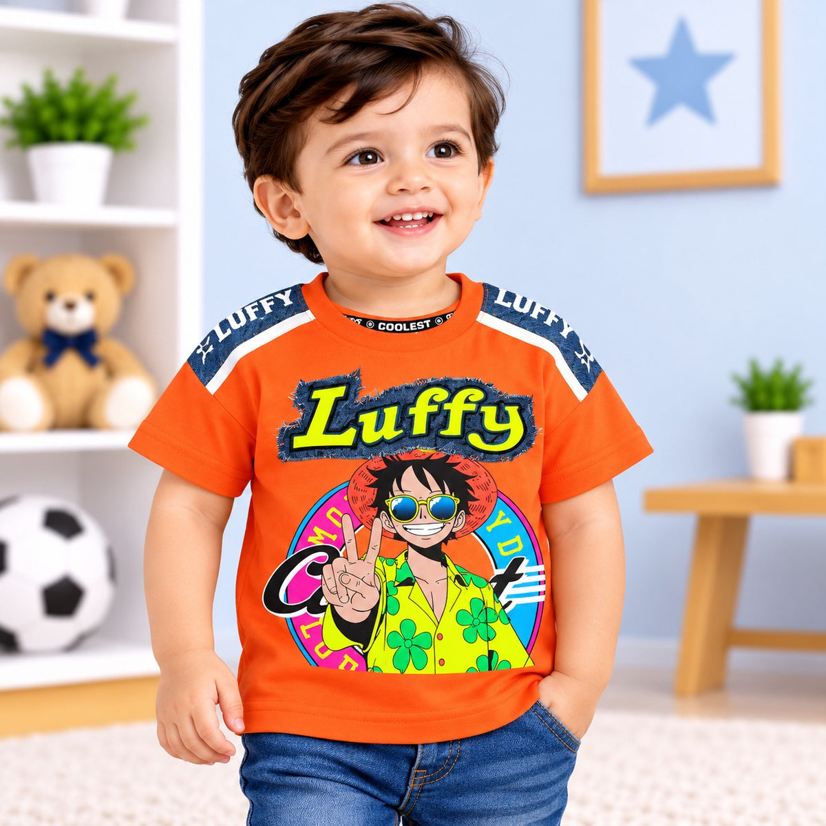 COOLEST boys black Luffy graphic T-shirt with colourful front print and contrast shoulder panels