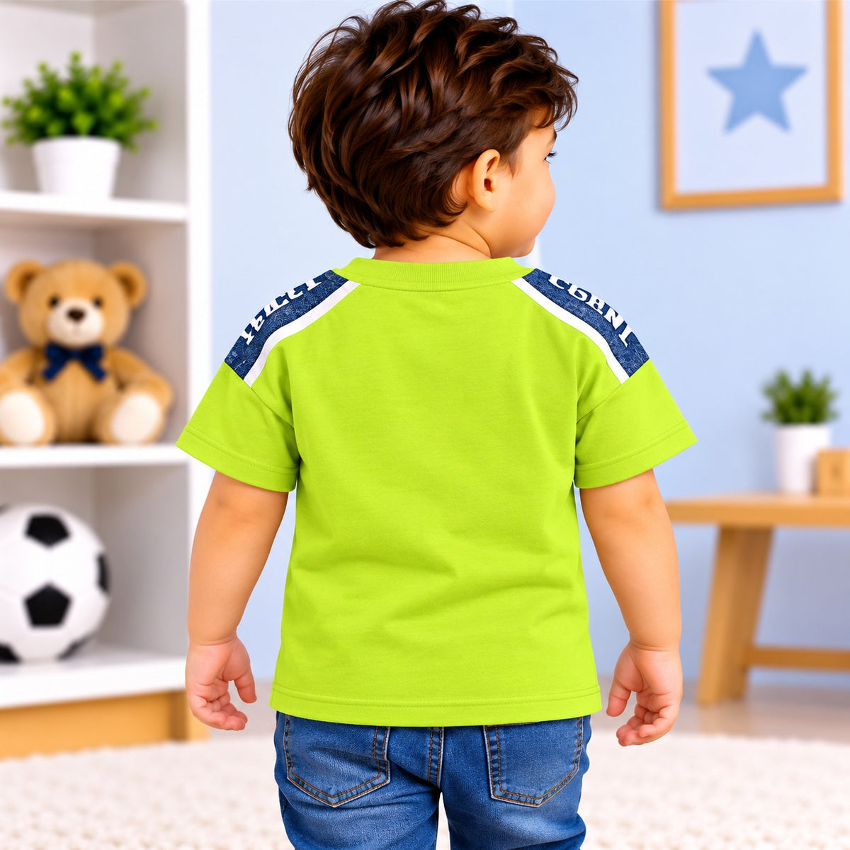 COOLEST boys dark green Luffy graphic T-shirt with navy shoulder panels