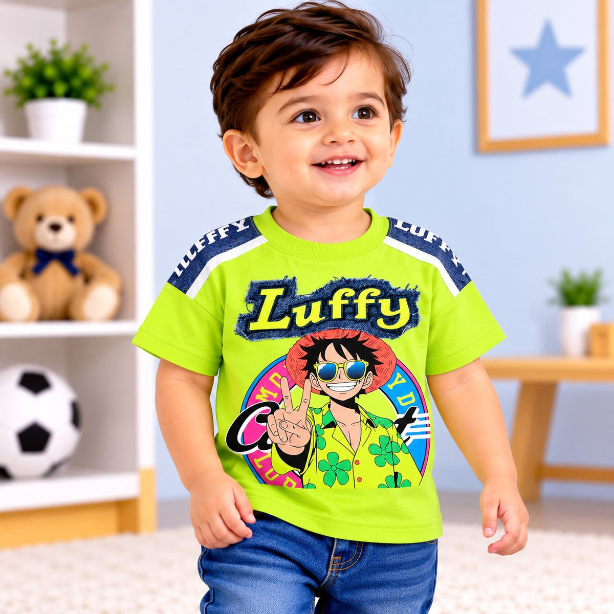 COOLEST boys neon green Luffy graphic T-shirt with navy shoulder stripes and colourful front print