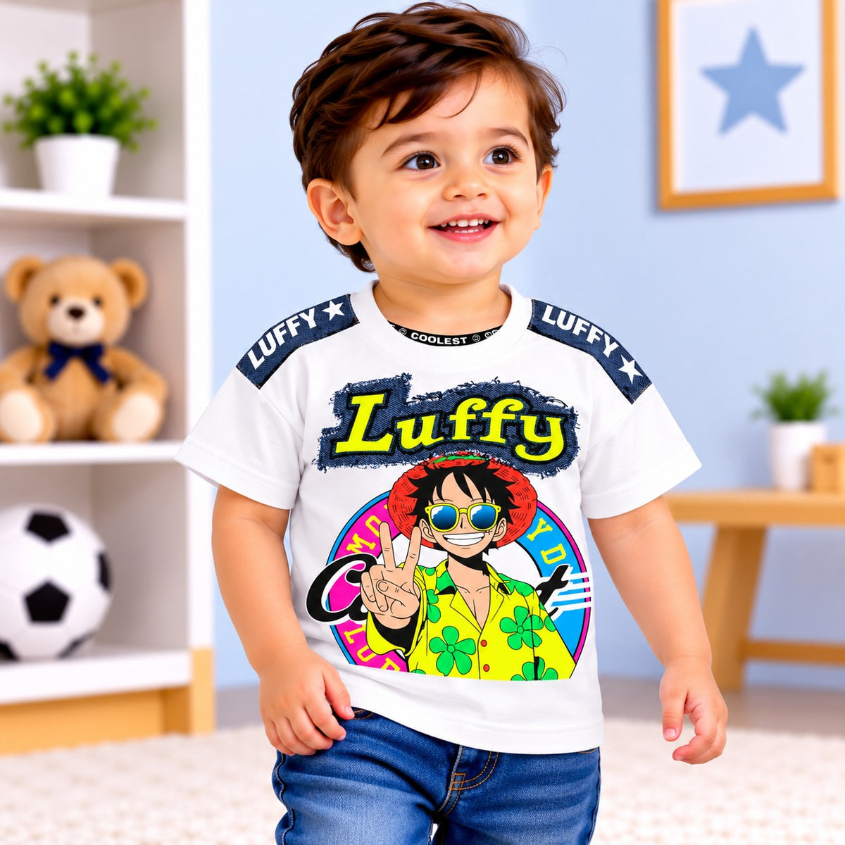 Back view of COOLEST boys neon green graphic T-shirt with contrast navy shoulder panels