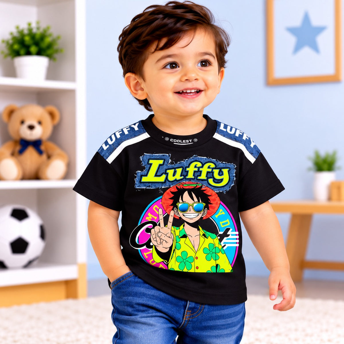 COOLEST boys orange Luffy graphic T-shirt with navy and white shoulder stripes