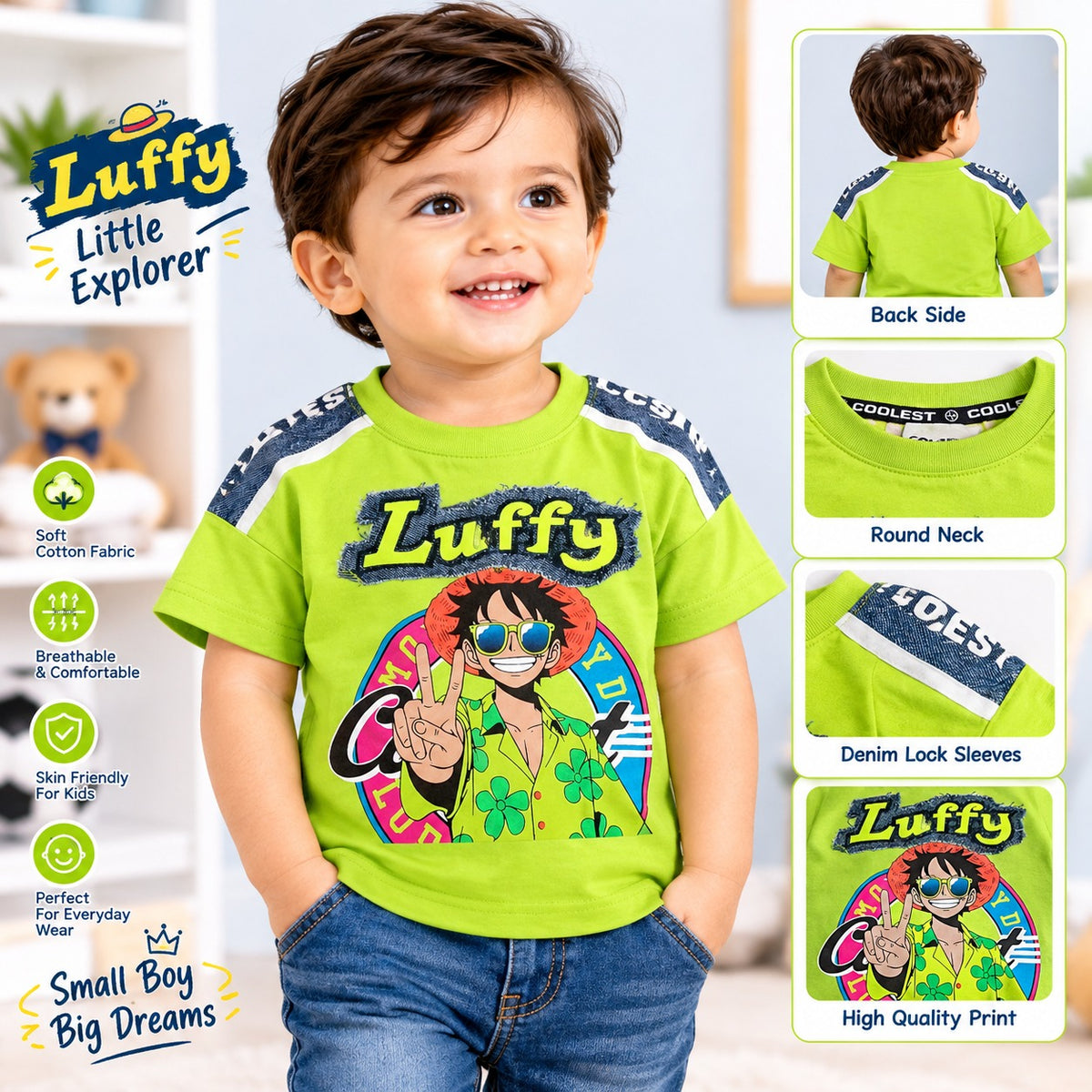 COOLEST boys white Luffy graphic T-shirt with colourful front print and navy shoulder stripes