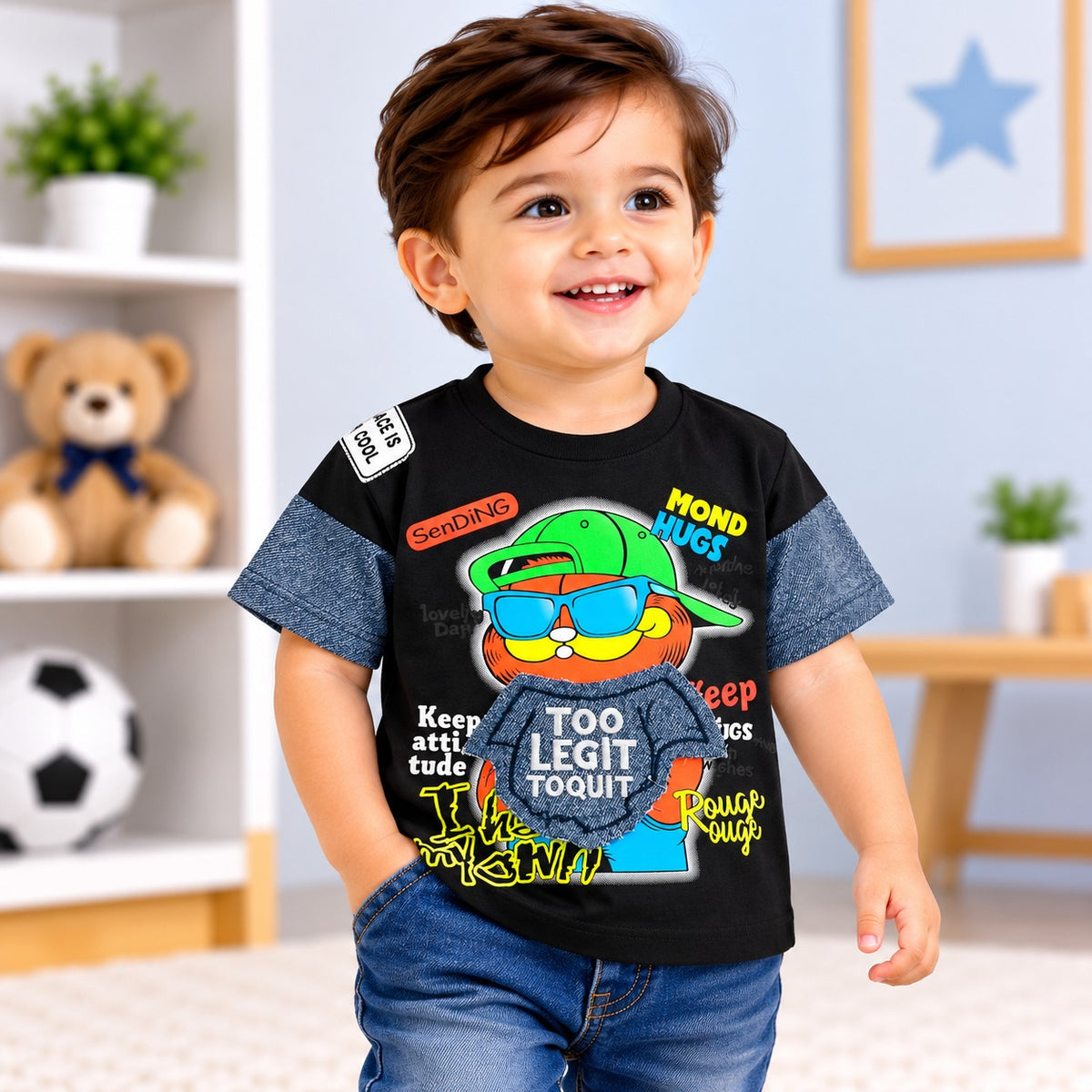 COOLEST toddler boys black graphic T-shirt with colourful cartoon print and denim-look sleeves