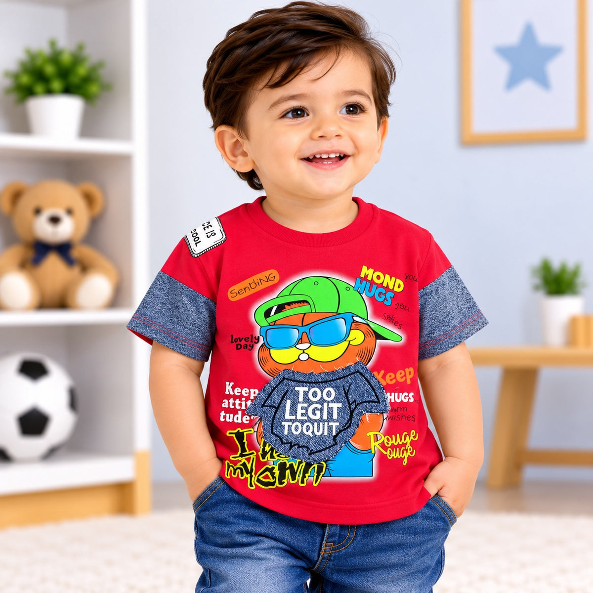 COOLEST toddler boys red graphic T-shirt with colourful cartoon print and denim-look sleeves