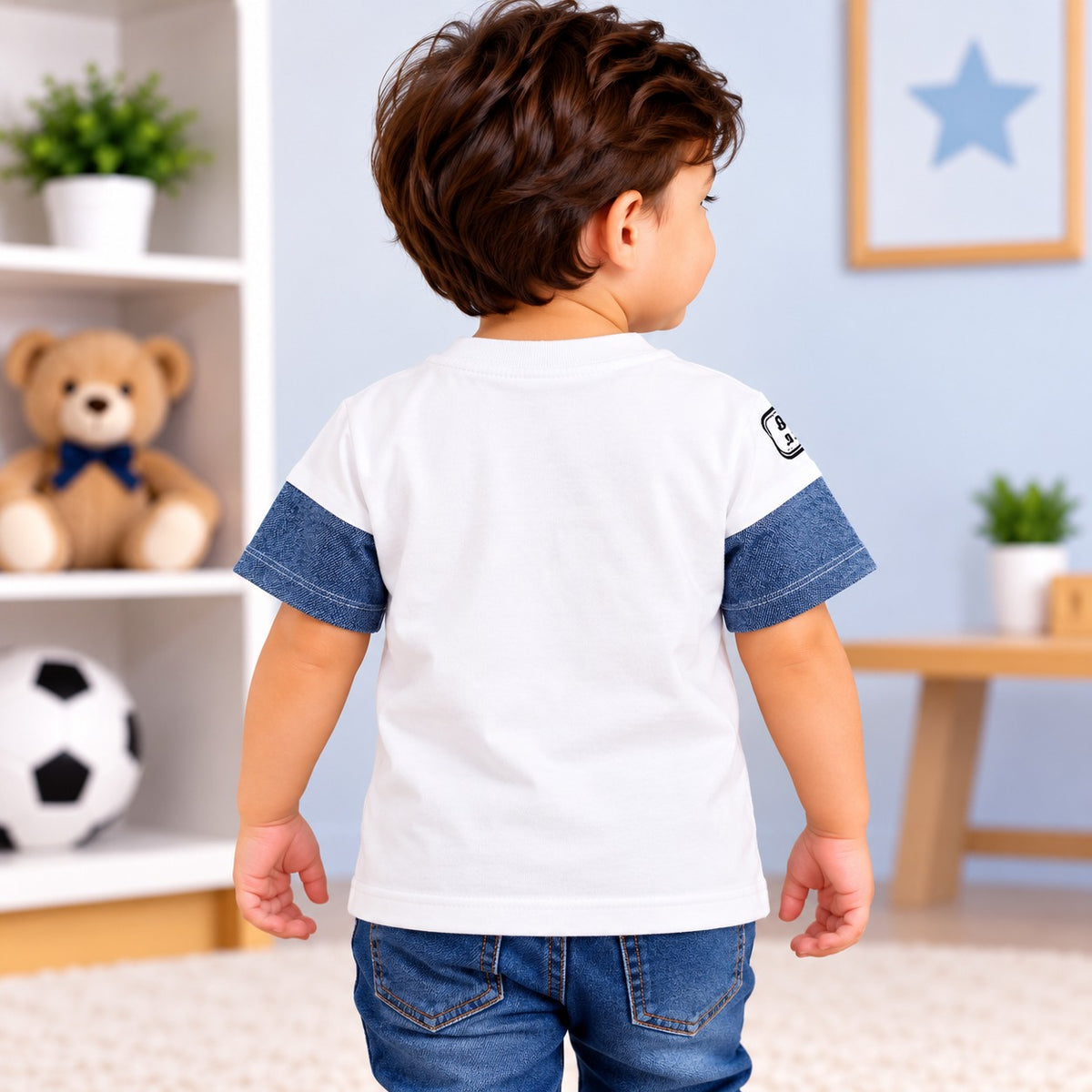 Back view of COOLEST white toddler boys T-shirt with blue denim-look short sleeves