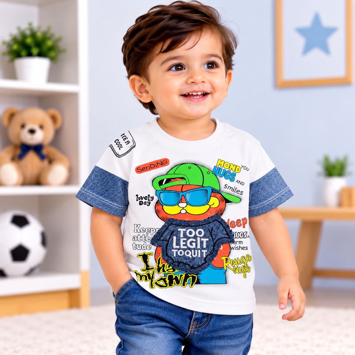 COOLEST toddler boys white graphic T-shirt with colourful cartoon print and blue denim-look sleeves