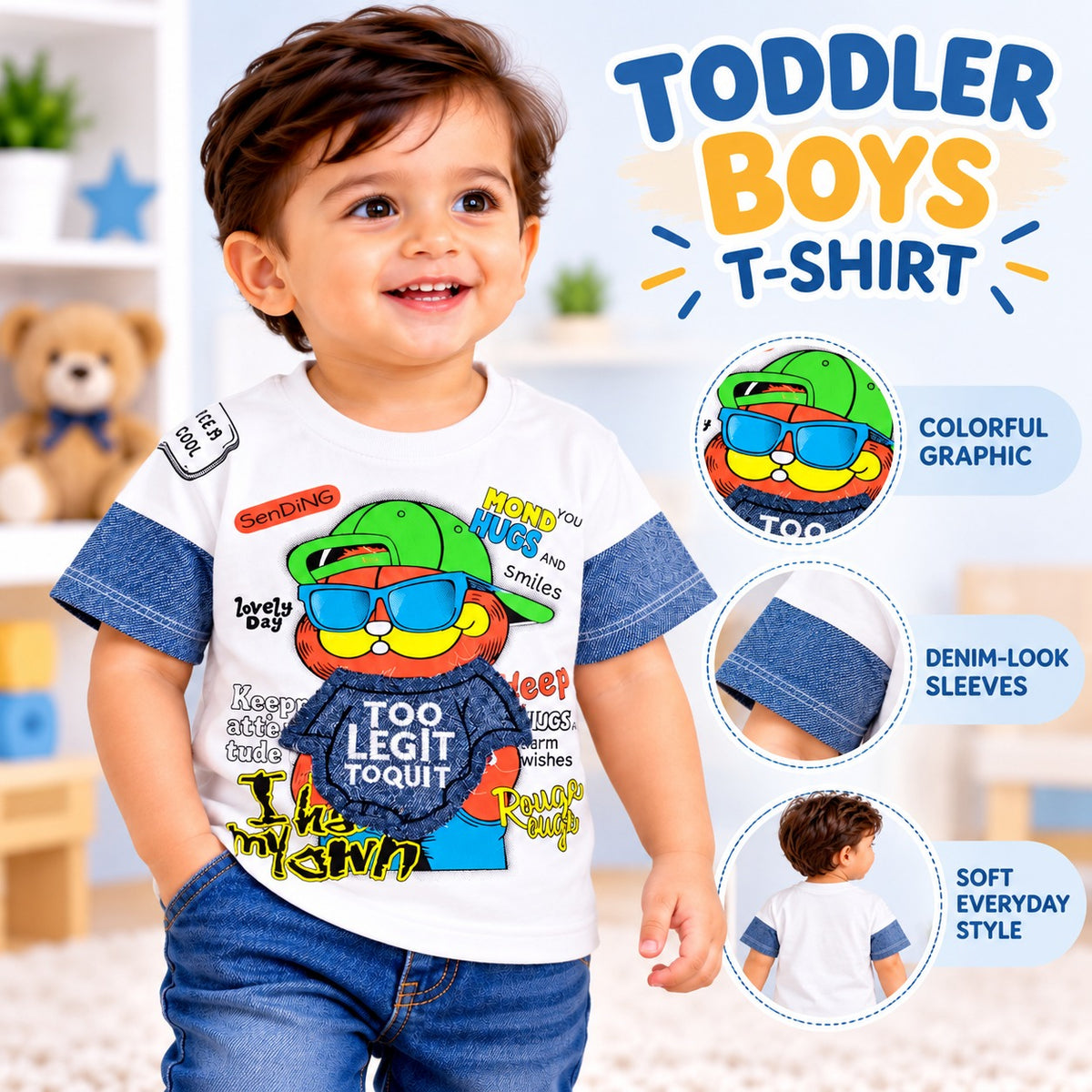 COOLEST toddler boys white graphic T-shirt product infographic showing cartoon print and denim-look sleeves