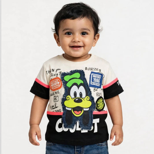 COOLEST toddler boys cream graphic T-shirt with cartoon patch, black color-block hem and coral sleeve trim
