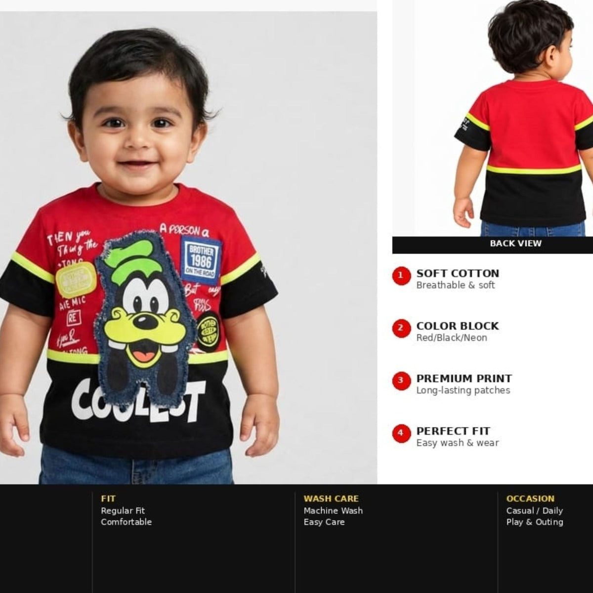 COOLEST toddler boys graphic T-shirt product infographic showing back view, soft cotton, color block design, printed patch and casual fit
