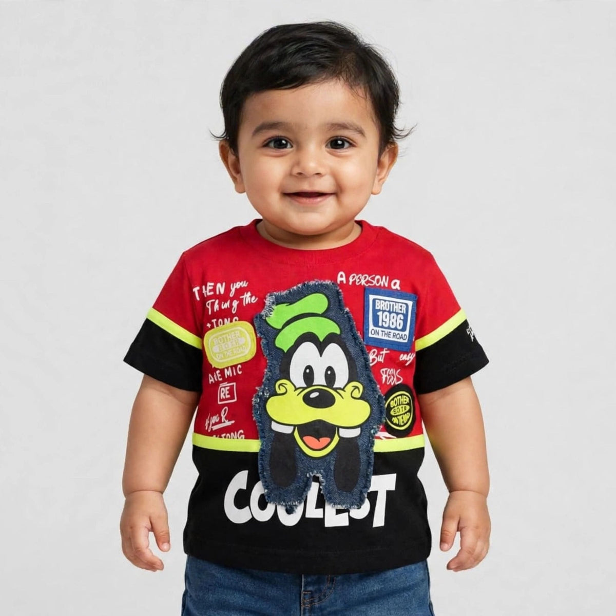 COOLEST toddler boys red graphic T-shirt with cartoon patch, black sleeves and neon contrast trim