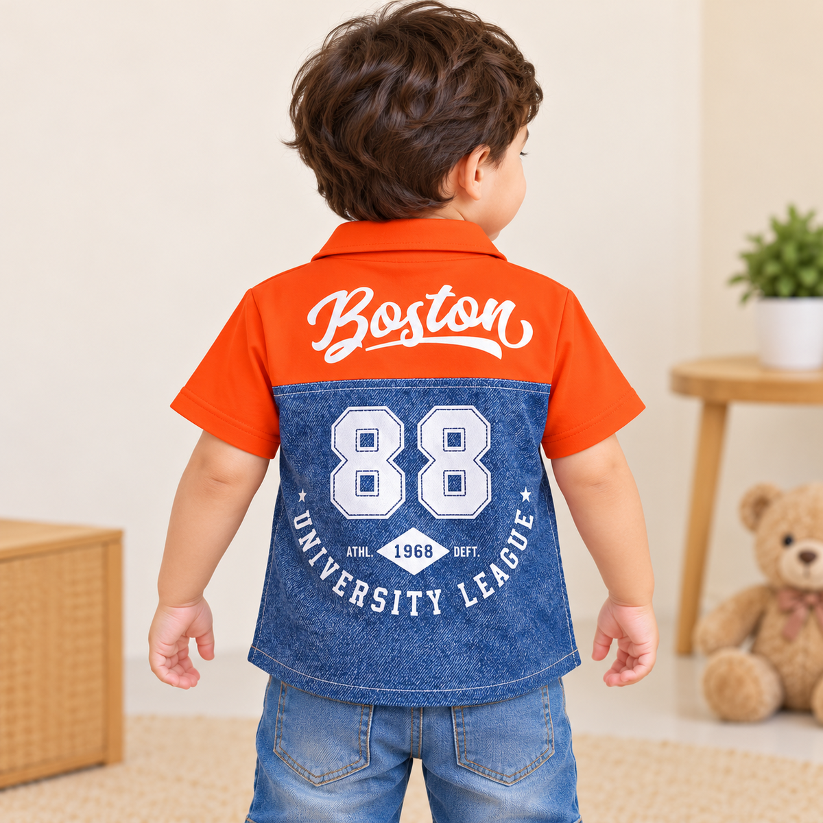 COOLEST boys orange and blue varsity shirt back view with Boston lettering and number 88 graphic