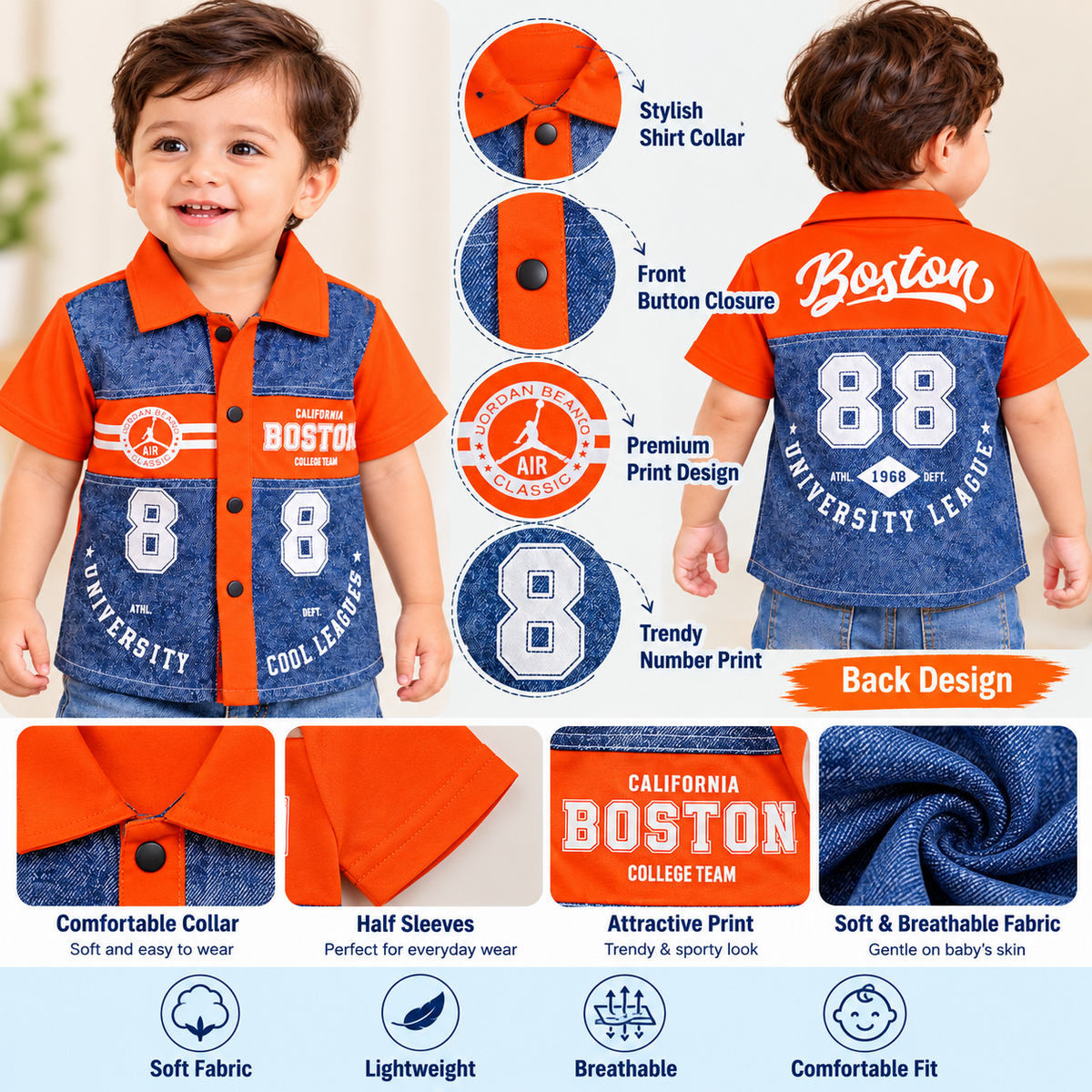 COOLEST boys varsity shirt features infographic showing collar, button closure, number print and sleeve details