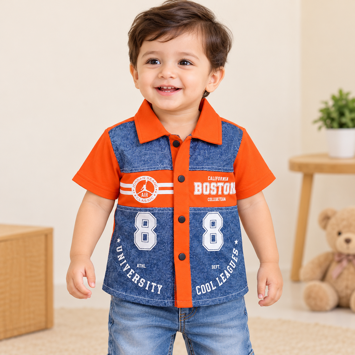 COOLEST boys orange and blue varsity graphic shirt front view with collar, buttons and sporty number print