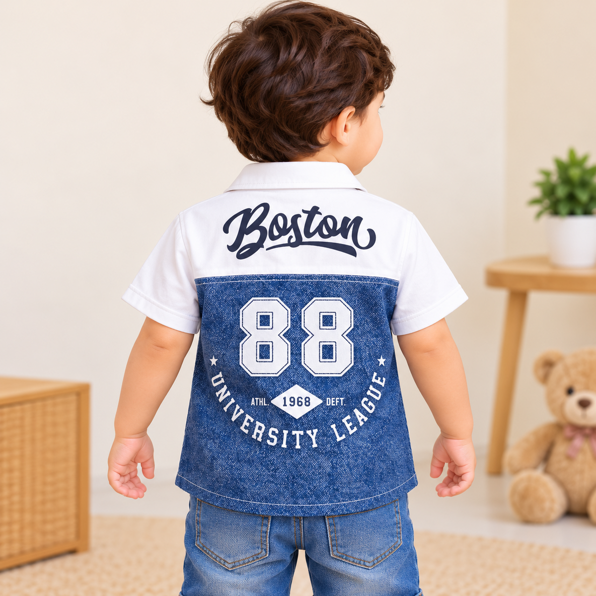 COOLEST boys white and blue varsity shirt back view with Boston lettering and number 88 graphic