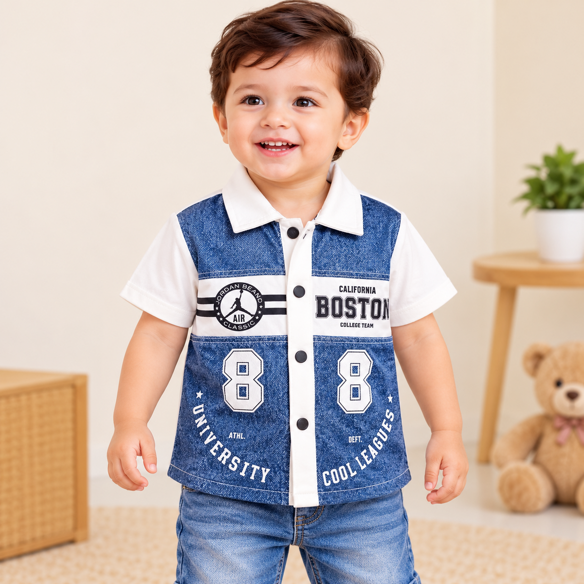 COOLEST boys white and blue varsity graphic shirt front view with button front and sporty number print